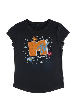 Maglietta nera a maniche corte con un colorato logo MTV in stile anni '80, caratterizzato da una "M" arancione, "TV" blu e forme geometriche astratte.