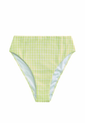 Wysokowzorzyste figi bikini z teksturowanym zielono-żółtym wzorem w kratę, podszyte jasnoniebieską tkaniną.