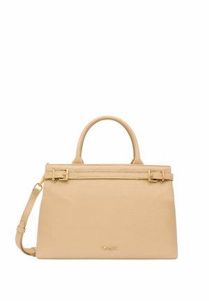 Borsa beige realizzata in pelle strutturata, con doppio manico, tracolla rimovibile, accessori in tonalità dorata e profilo sottile. Logo sul fronte.