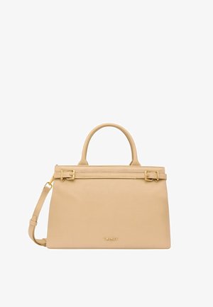 Borsa beige realizzata in pelle strutturata, con doppio manico, tracolla rimovibile, accessori in tonalità dorata e profilo sottile. Logo sul fronte.