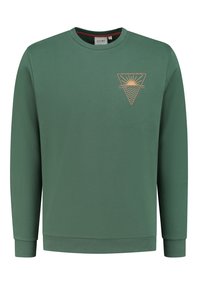 Grön sweatshirt i bomullsblandning med rund halsringning, långa ärmar och en geometrisk logotyp med en sol och vågor i ljusorange.