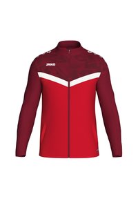 Rote sportliche Jacke mit vollem Reißverschluss, weißen Akzenten und strukturiertem oberen Bereich. Verfügt über lange Ärmel und Seitentaschen. Markenlogo auf der Brust.