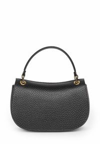 Czarna skórzana torebka o fakturowanej powierzchni, zaokrąglonym kształcie i krótkim uchwycie. Wyposażona w złote akcenty metalowe.