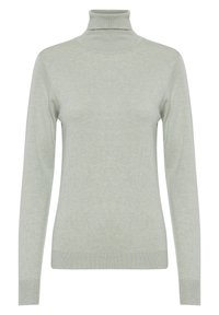 Light green turtleneck sweater made of soft knit material, featuring long sleeves and fitted cuffs. Smooth texture with a minimalist design.