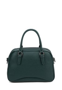 Borsa a tracolla in pelle verde con manici superiori doppi e chiusura con zip. Forma arrotondata con dettagli di cucitura sottili e accenti in metallo argentato.
