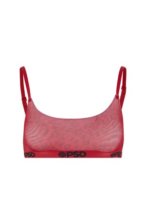 Roter Netz-Bralette mit Leopardenmuster, verstellbaren Trägern und einem schwarzen Logo-Bund. Weiches, leichtes Material.