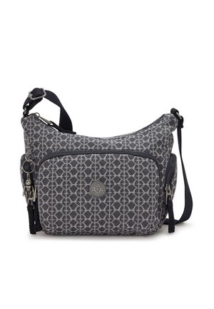 Gray patterned crossbody bag made of fabric, featuring a main zip compartment, front pocket, adjustable strap, and metal hardware accents.