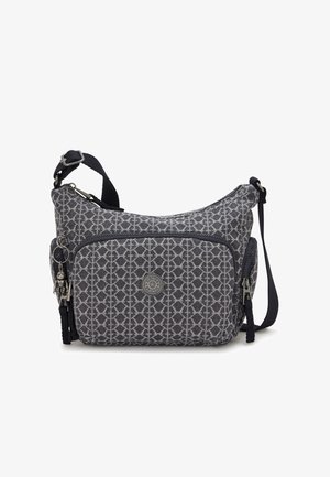 Gray patterned crossbody bag made of fabric, featuring a main zip compartment, front pocket, adjustable strap, and metal hardware accents.