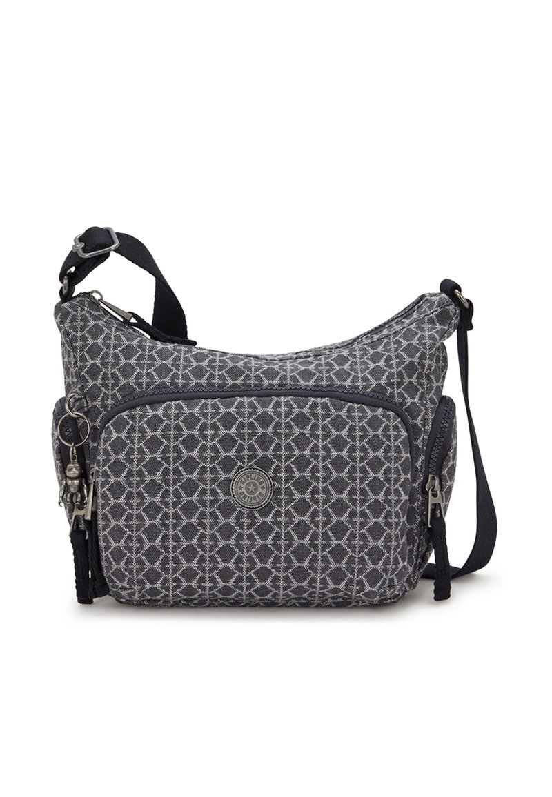 Gray patterned crossbody bag made of fabric, featuring a main zip compartment, front pocket, adjustable strap, and metal hardware accents.