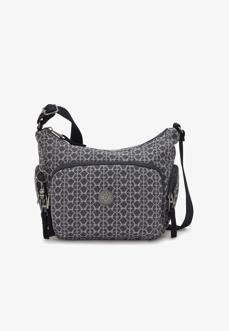 Borsa a tracolla grigia con motivo, realizzata in tessuto, dotata di un vano principale con zip, tasca frontale, tracolla regolabile e accenti in metallo.