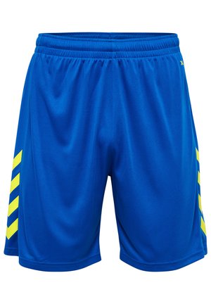 Blå atletiska shorts gjorda av ett slätt, lätt tyg. Har gula chevrondetaljer på båda sidor och en elastisk midja.