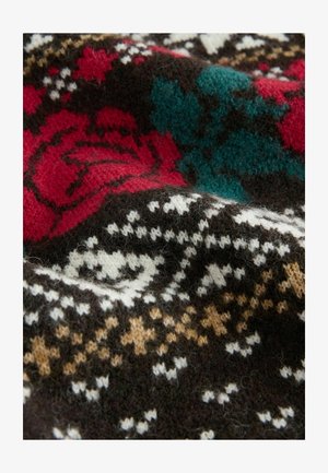 Kootud tekstiil, mis sisaldab punase ja teal värvi lillemustrit tumeda pruuni tausta, millel on valge ja tansed geomeetrilised aktsendid. Pehme tekstuur.