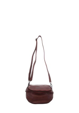 Dark brown leather crossbody bag with adjustable strap and zippered flap closure, displayed against a white background.