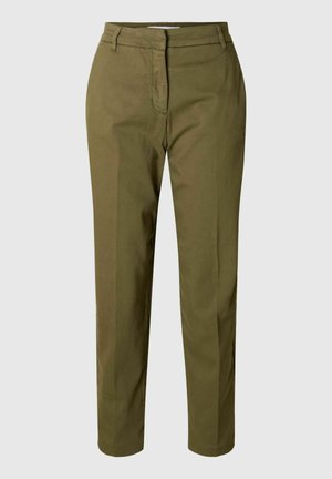 Chinos vert olive en coton, avec une coupe droite, des passants de ceinture et une fermeture éclair à l'avant avec une texture lisse.