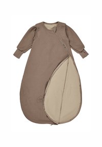 Brown, textured sleeping bag with a full-length zipper, long sleeves, and a beige inner lining; features an embroidered dog design.