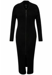 Robe midi en maille côtelée noire à manches longues avec fermeture éclair à l'avant et fente sur l'ourlet, dotée d'un col rond et d'une silhouette ajustée.