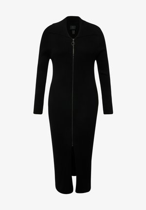 Vestido midi de punto acanalado negro de manga larga con cremallera frontal y dobladillo partido, con cuello redondeado y silueta ajustada.