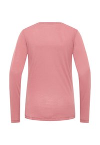 Langärmliges Oberteil aus weicher rosa Stoff; runder Halsausschnitt; glatte Textur mit lockerer Passform; keine sichtbaren Muster oder Hardwaredetails.