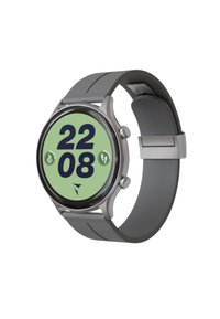 Smartwatch mit rundem silbernem Gehäuse, grauem Silikonarmband und grünem Display, das die Uhrzeit "22:08" mit Aktivitätssymbolen anzeigt.