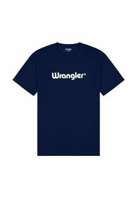 Marineblå bomulds t-shirt med et hvidt "Wrangler" logo tværs over brystet. Klassisk rund halsudskæring og korte ærmer, med et enkelt, rent design.