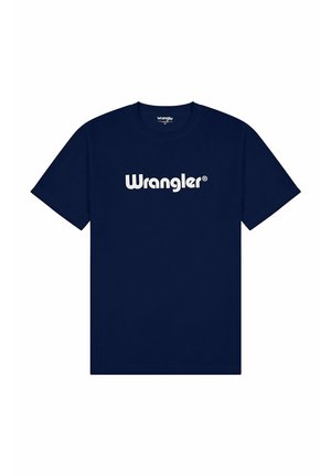 Maglietta in cotone blu navy con il logo bianco "Wrangler" attraversato sul petto. Collo rotondo classico e maniche corte, con un design semplice e pulito.