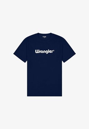 Granatowa bawełniana koszulka z białym logo "Wrangler" na piersi. Klasyczny okrągły dekolt i krótkie rękawy, o prostym, czystym wzornictwie.