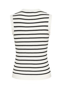 Sleeveless top featuring a fitted design with black and white horizontal stripes, ribbed texture, and a rounded neckline.