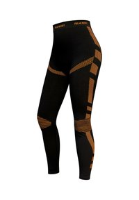 Schwarze Leggings mit orangefarbenen geometrischen Mustern und Streifen, hohem Bund und glatter Textur, entworfen für Komfort und Flexibilität.
