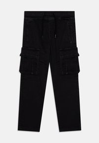 Black cargo pants made of denim, featuring an elastic waistband with drawstring, two side pockets, and two cargo pockets on each leg.