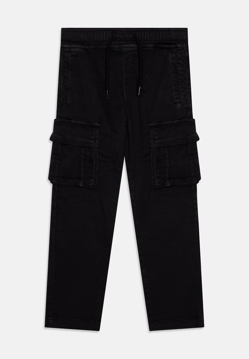 Black cargo pants made of denim, featuring an elastic waistband with drawstring, two side pockets, and two cargo pockets on each leg.