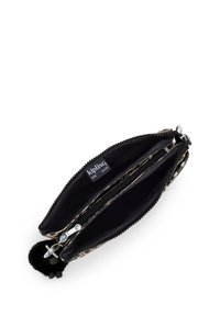 Zippered wallet with leopard print exterior, black nylon interior, two compartments, silver hardware, and a fluffy black pom-pom accent.