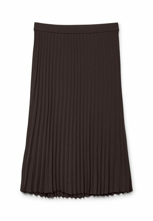 Pruun volditud seelik, millel on elastne vöökoht, valmistatud pehmest kangast. Voldid on ühtlased ja sujuvalt lainetava ääreni.