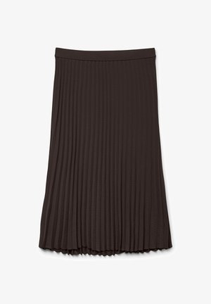 Brun plisserad kjol med resår i midjan, tillverkad av mjukt tyg. Plisseringarna är jämna och faller mjukt mot en scalloped fåll.