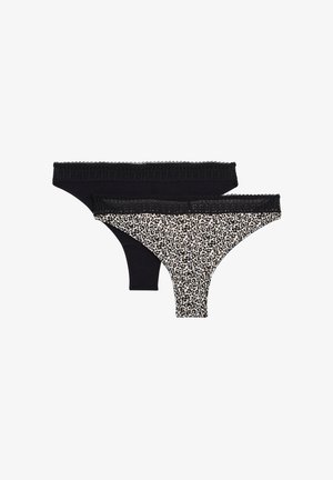 Due perizomi da donna con fascia in pizzo; uno nero uniforme, uno bianco con stampa leopardata nera e marrone.