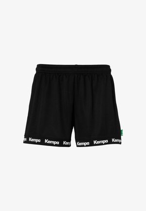 Schwarze Sportshorts aus weichem Stoff, mit einem elastischen Bund und dem "Kempa"-Logo in Weiß entlang des Saums.