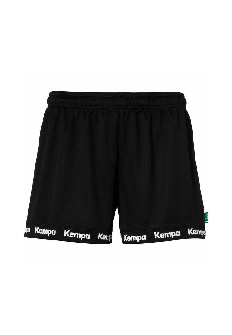 Shorts de sport noirs en tissu doux, dotés d'une taille élastique et du logo "Kempa" en blanc sur l'ourlet.