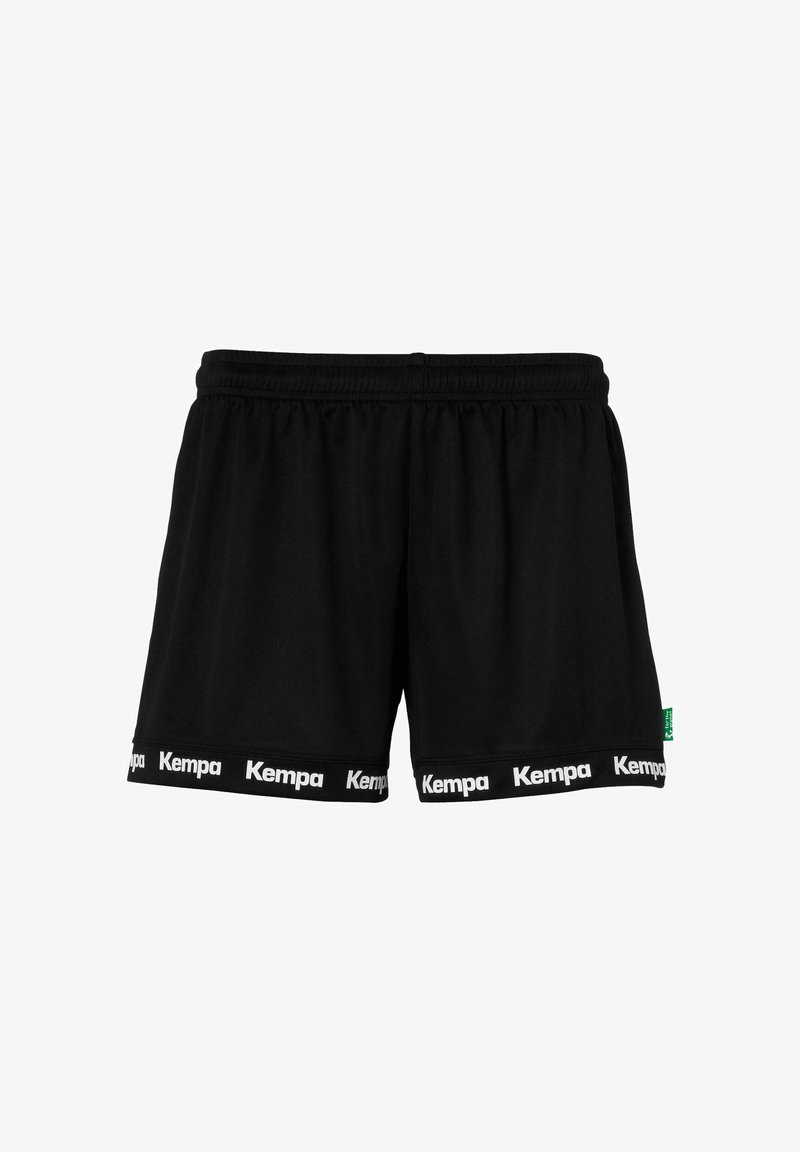 Schwarze Sportshorts aus weichem Stoff, mit einem elastischen Bund und dem "Kempa"-Logo in Weiß entlang des Saums.
