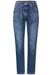 Pantalons jogger en denim bleu foncé avec une taille à cordon, deux poches à l'avant et une coupe slim avec des jambes fuselées.