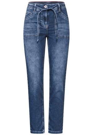 Pantalons jogger en denim bleu foncé avec une taille à cordon, deux poches à l'avant et une coupe slim avec des jambes fuselées.