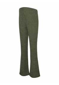 Olijfgroene hoge taille gebreide broek met een licht uitlopende pijp en een gladde, rekbare tailleband.