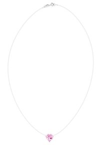 Pendentif en cristal rose en forme de cœur sur un collier en cordon blanc fin. Le pendentif présente un design facetté, une texture lisse et un fermoir sécurisé.
