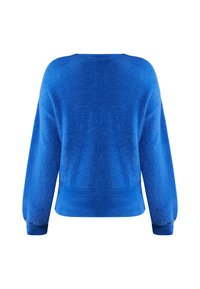 Blå fleece-tröja med en texturerad yta, lös passform, sänkta axlar och ribbade cuffs och nederkant. Bakvyn visar släta linjer och en solid färg.