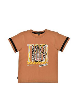 Kurzes T-Shirt mit schwarzen Streifen an den Ärmeln, großem Tigerkopf-Print und Text mit der Aufschrift "TIGER" sowie Warnhinweisen auf der Vorderseite.