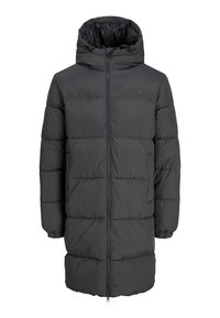 Abrigo largo acolchado de color gris oscuro con capucha, cierre de cremallera, puños elásticos y diseño acolchado con textura suave.