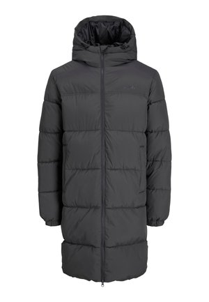 Pikk tumehall puffermantel kapuutsiga, millel on lukuga sulgemine, elastsed mansetid ja tikandiga muster sileda tekstuuriga.