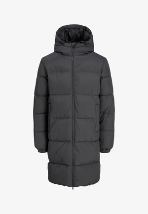 Dugi tamnosivi puhasti kaput s kapuljačom, zatvaranjem na patentni zatvarač, elastičnim manšetama i prošivanim dizajnom s glatkom teksturom.