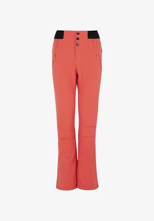 Różowe spodnie narciarskie w kolorze łososia z czarnym elastycznym pasem, trzema guzikami z przodu i dwiema kieszeniami na zamek. Wykonane z gładkiego, rozciągliwego materiału.