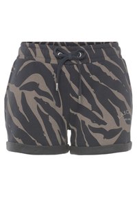 Pantaloni shorts con stampa zebra nera e marrone, dotati di una vita elastica, cordoncino regolabile e orlo arrotolato. Realizzati in un tessuto morbido e confortevole.