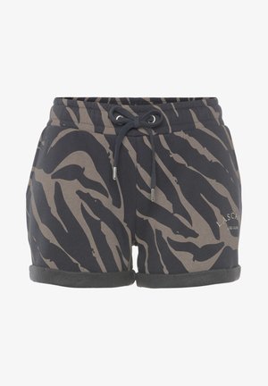 Schwarze und braune Zebra-Print-Shorts mit elastischem Bund, verstellbarem Kordelzug und umgeschlagenem Saum. Hergestellt aus weichem, komfortablem Stoff.