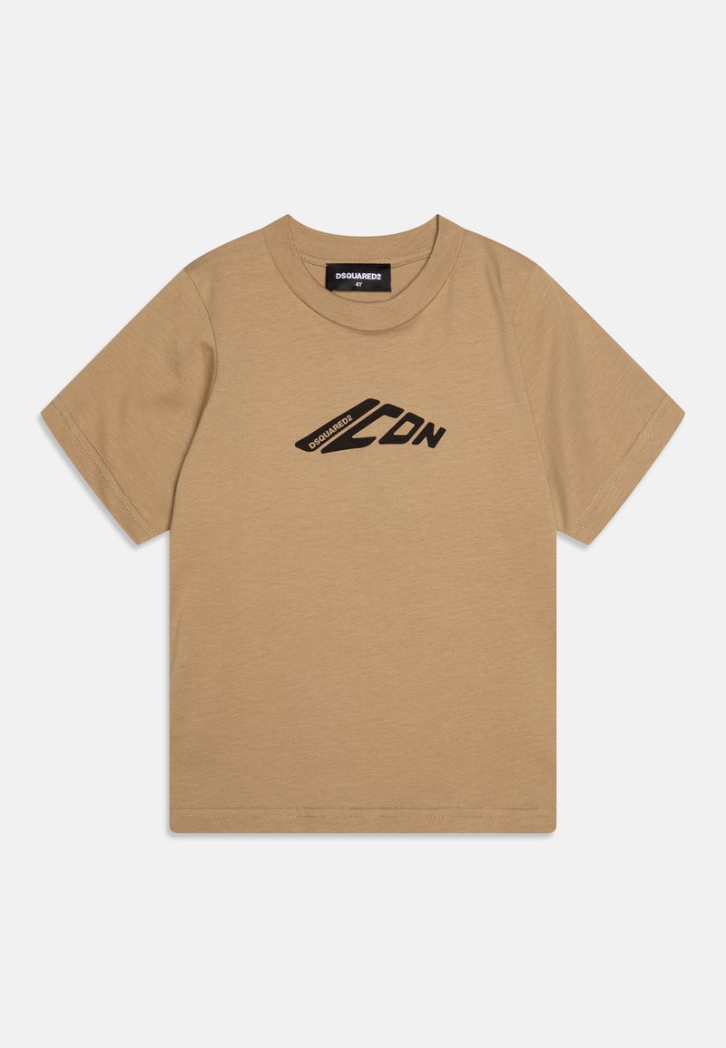 Tan cotton t-shirt with a round neck and short sleeves. Features a black logo print on the front. Smooth texture, casual design.